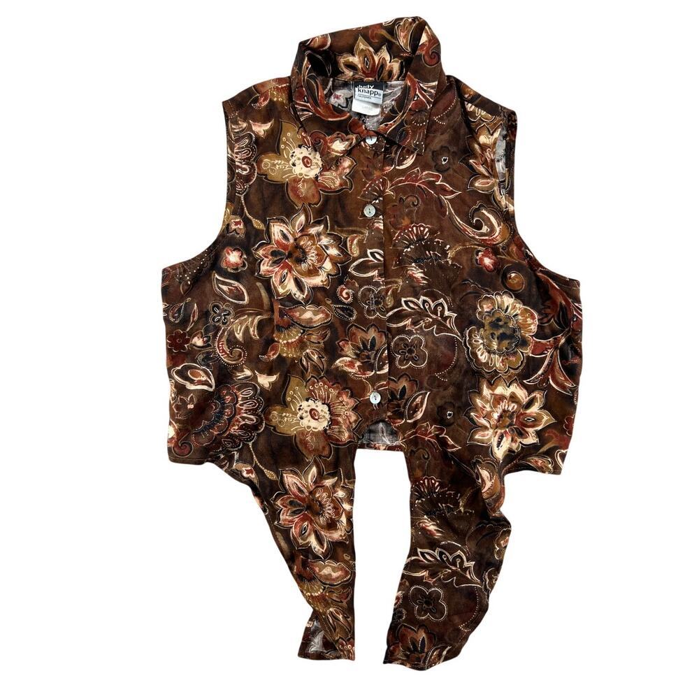 Vintage Judy Knapp Floral Tie Front Blouse Brown Boho Rayon Large
